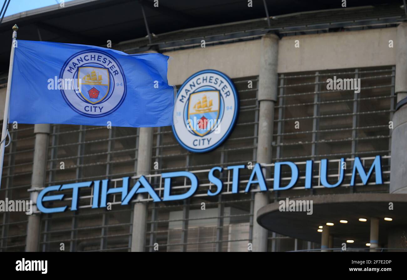 Manchester, UK. 06th Apr, 2021. Football: Champions League, Manchester City - Borussia Dortmund, knockout round, quarter-finals, first leg at Etihad Stadium. Exterior shot of the stadium. Credit: Lindsey Parnaby/dpa/Alamy Live News Stock Photo
