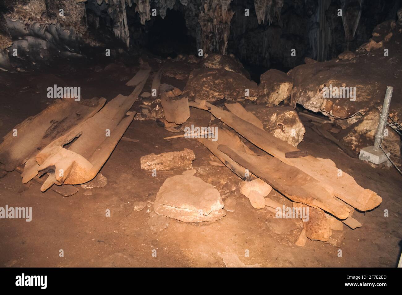 View of the teakwood coffins which have been carved by the Lawa tribes people thousands of years ago inside of Tham Lot cave in Mae Hong Son Province Stock Photo