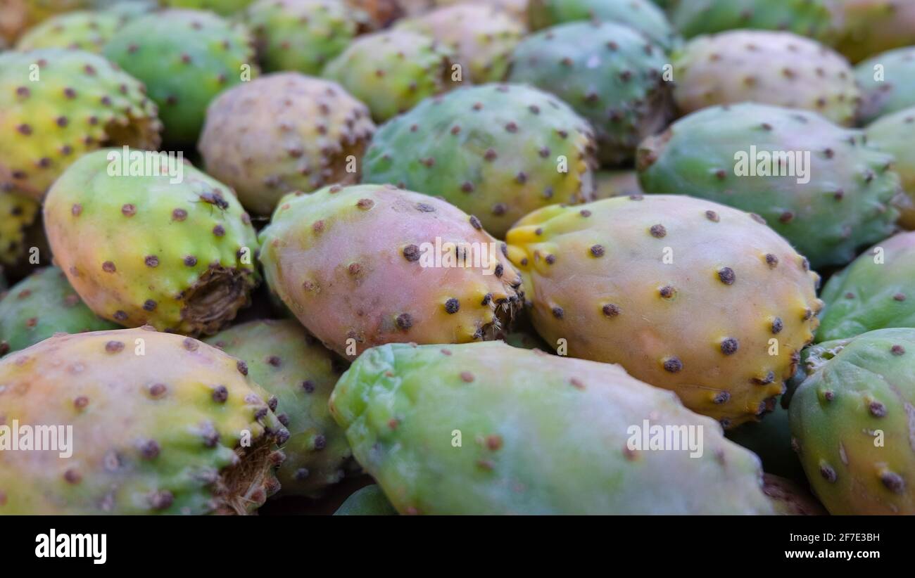Cactus fruits or prickly pears in Tangier market, Morocco Stock Photo