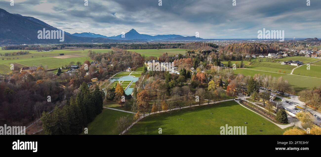 Drone or aerial panorama or Hellbrunn Palace or Schloss Hellbrunn in Salzburg, Austria. An early Baroque villa of palatial size in a southern district Stock Photo