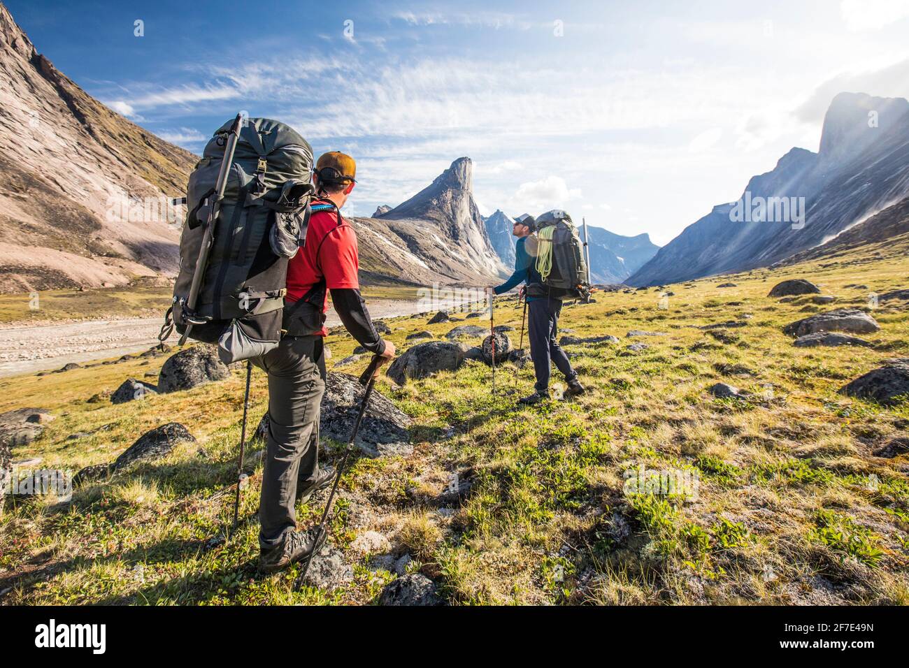 Backpackers stop to enjoy the views during a multi-day trip Stock Photo