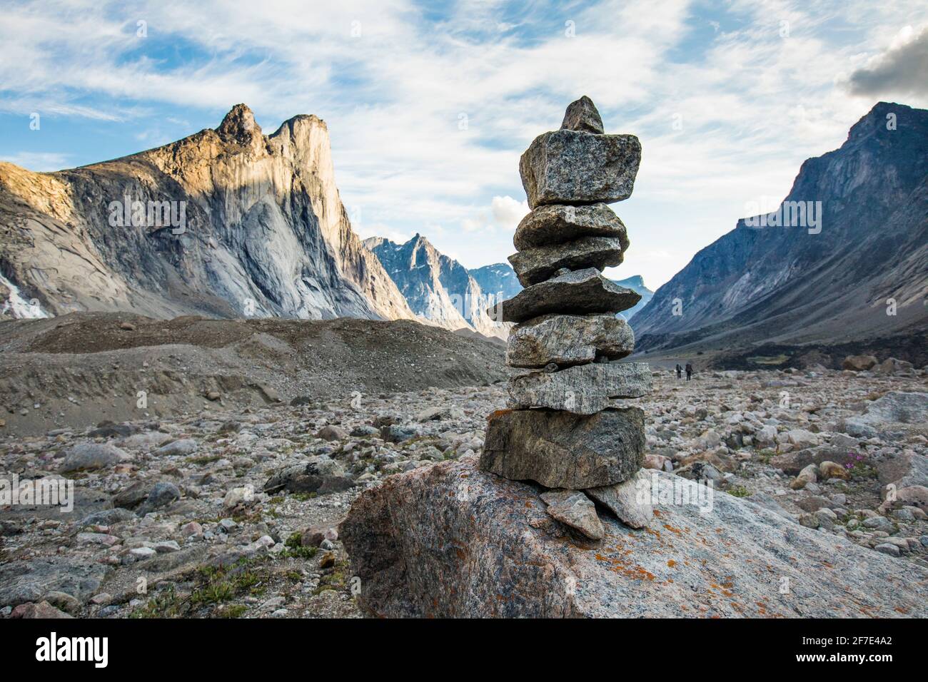 Rock cairn and mountain summit, Baffin Island. Stock Photo