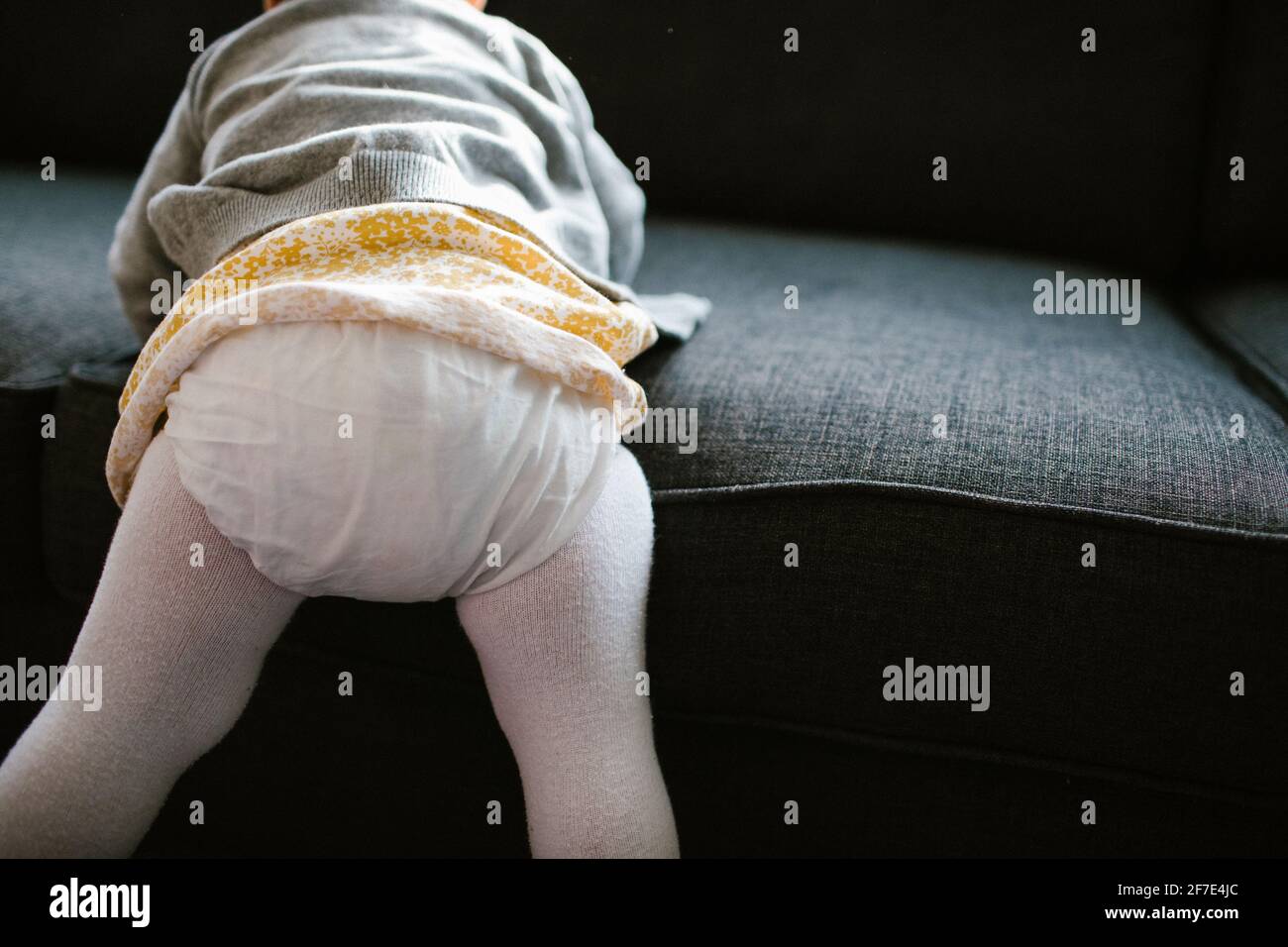 Detail of one year old girl climbing onto couch Stock Photo Alamy