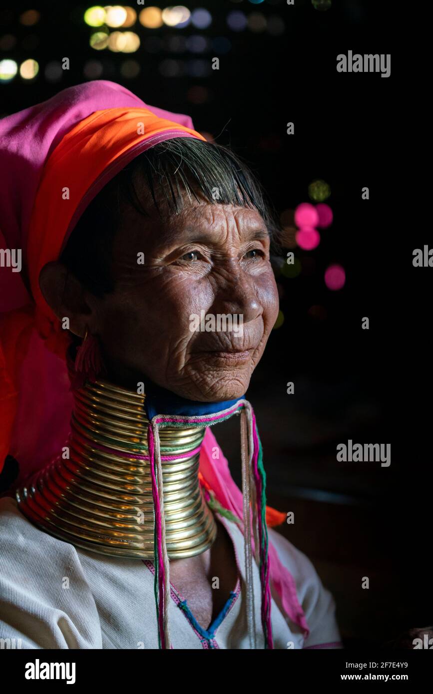 Kayan woman wearing traditional brass neck rings, near Loikaw, Myanmar Stock Photo