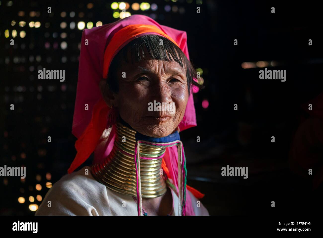 Kayan woman wearing traditional brass neck rings, near Loikaw, Myanmar Stock Photo