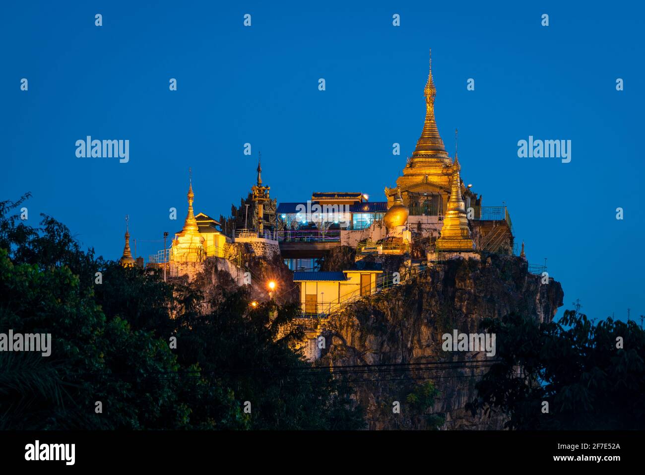 Taung Kwe Pagoda on Thirri Mingala Hill at night, Loikaw, Myanmar Stock Photo