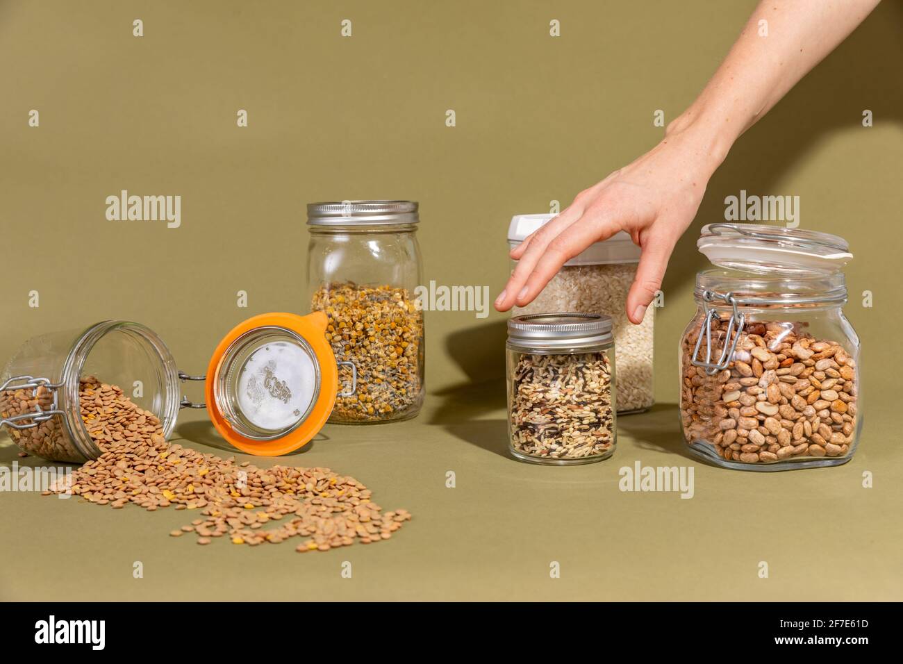 Still Life Scene of Various Pantry Items in Reuseable Containers Stock Photo