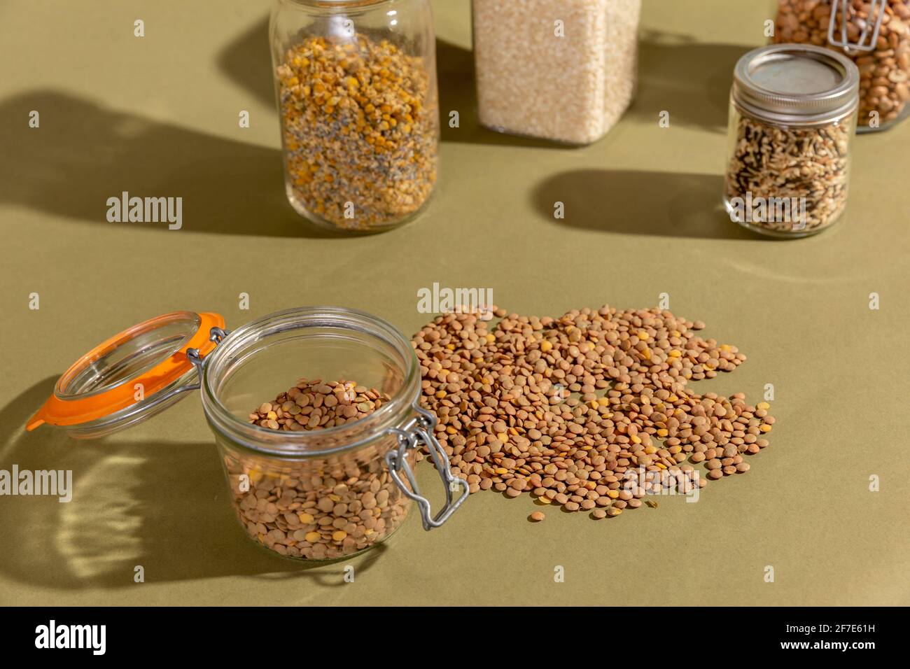 Still Life Scene of Pantry Items in EcoFriendly Containers Stock Photo
