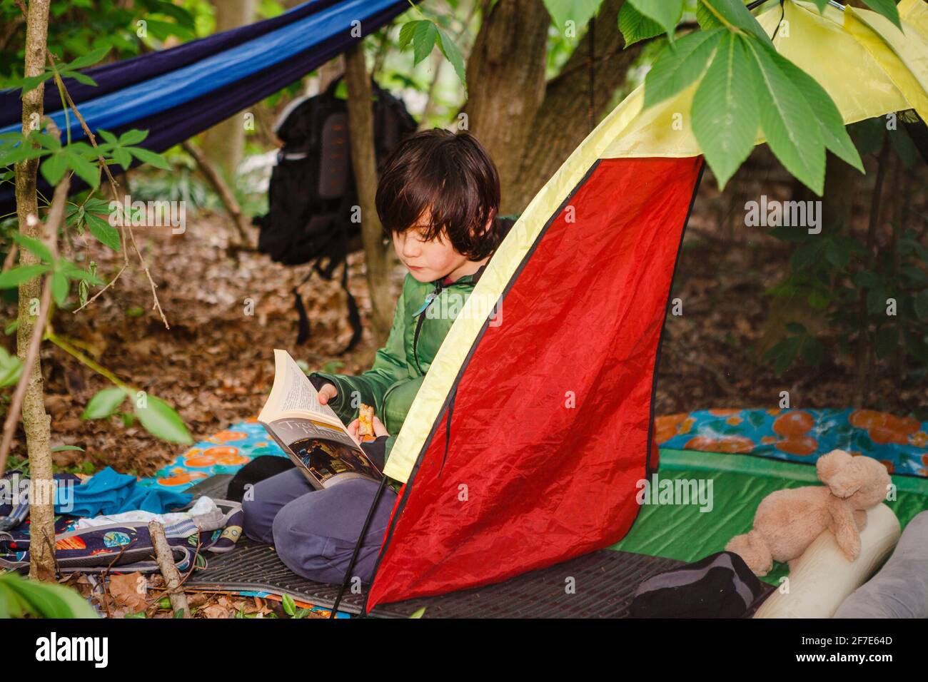 A boy camps out by himself in woods with book and stuffed animal Stock Photo