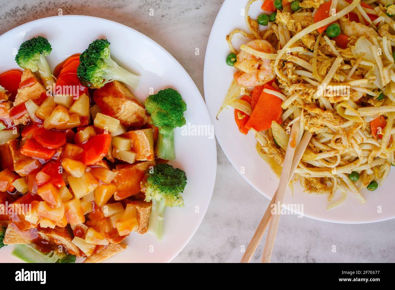 Above-view of Asian food plated on table Stock Photo