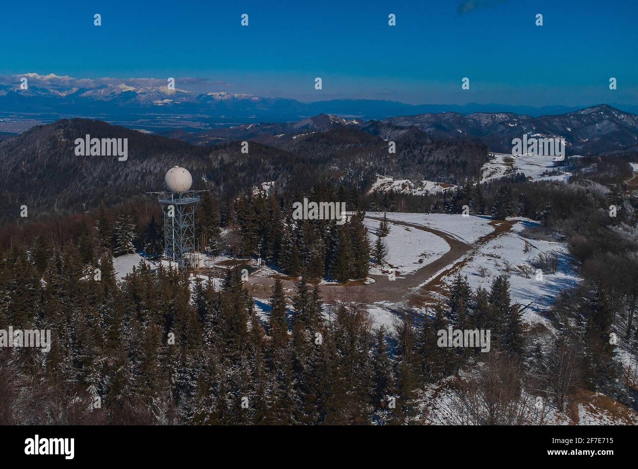 Wide panorama of doppler rain or weather radar on the top of the hill  called Pasja Ravan in Slovenia on cold winter day. Beautiful sunny day and  rain Stock Photo - Alamy