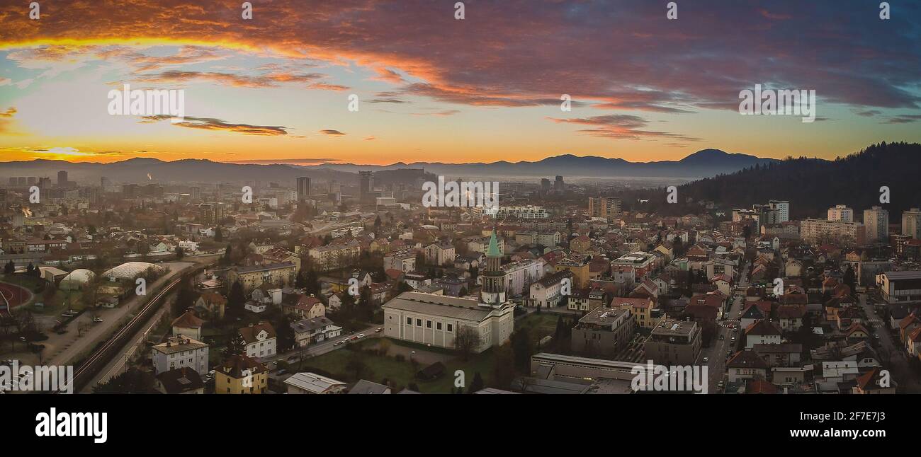 Beautiful aerial panorama of Ljubljana, Slovenia in the early morning, just around sunrise in december, with mist and fog still visible rising from th Stock Photo