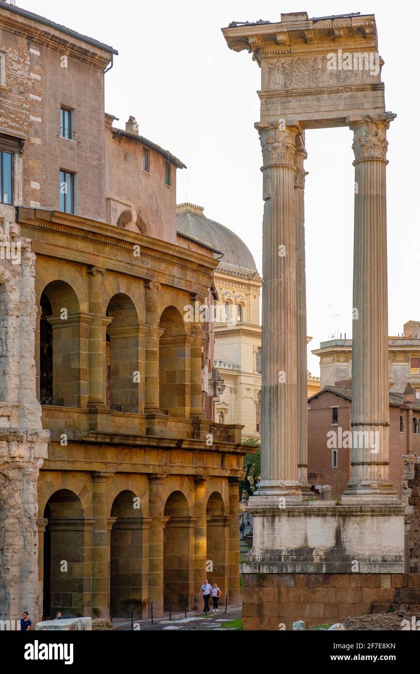 Ancient Rome buildings, Via del Foro Piscario, Temple of Apollo Sosiano, Temple of Apollo Socianus and Theatre of Marcellus, Rome, Italy. Stock Photo