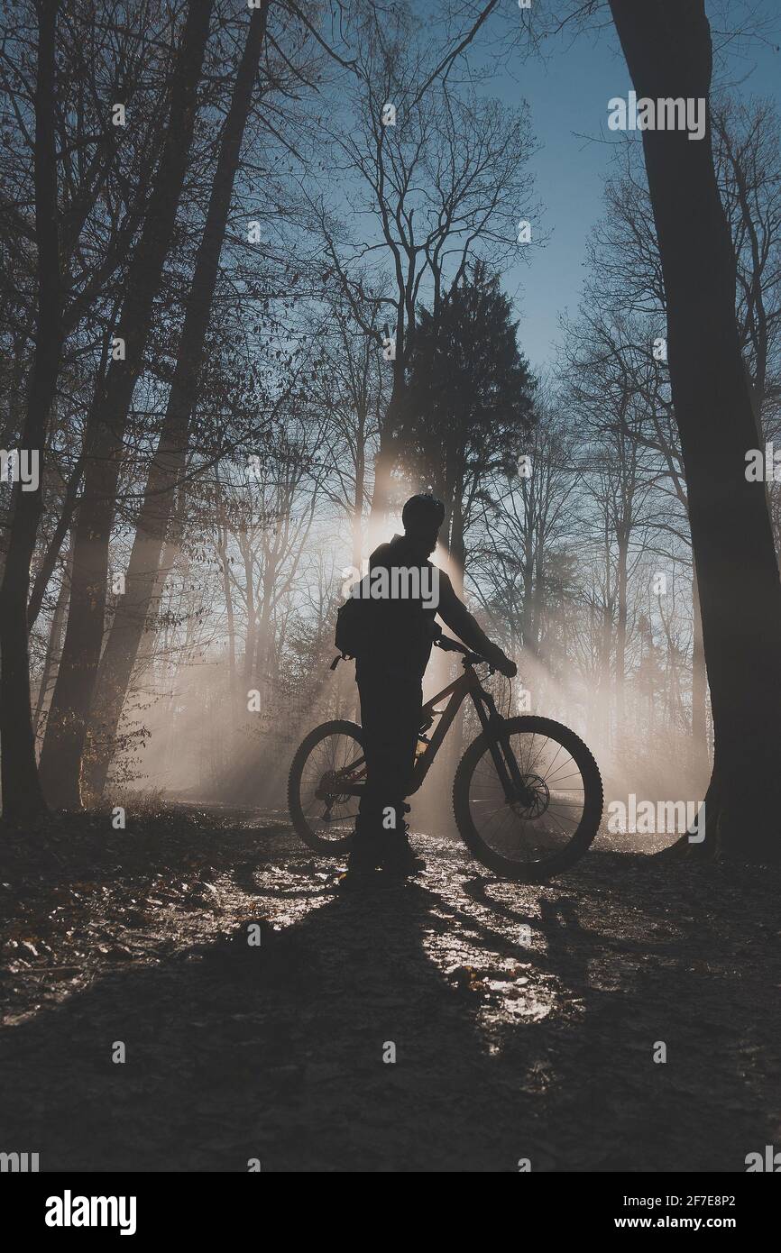 Single mountain biker posing in epical moment with sun rays shining through fog, going uphill towards the sun. Epic MTB ride in autumn Stock Photo