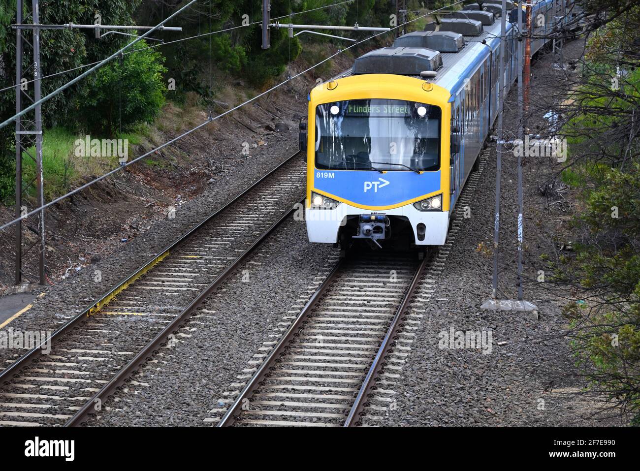 A city-bound Melbourne Metro Trains service on the Sandringham line. The Siemens Nexas train features the latest PTV branding. Stock Photo