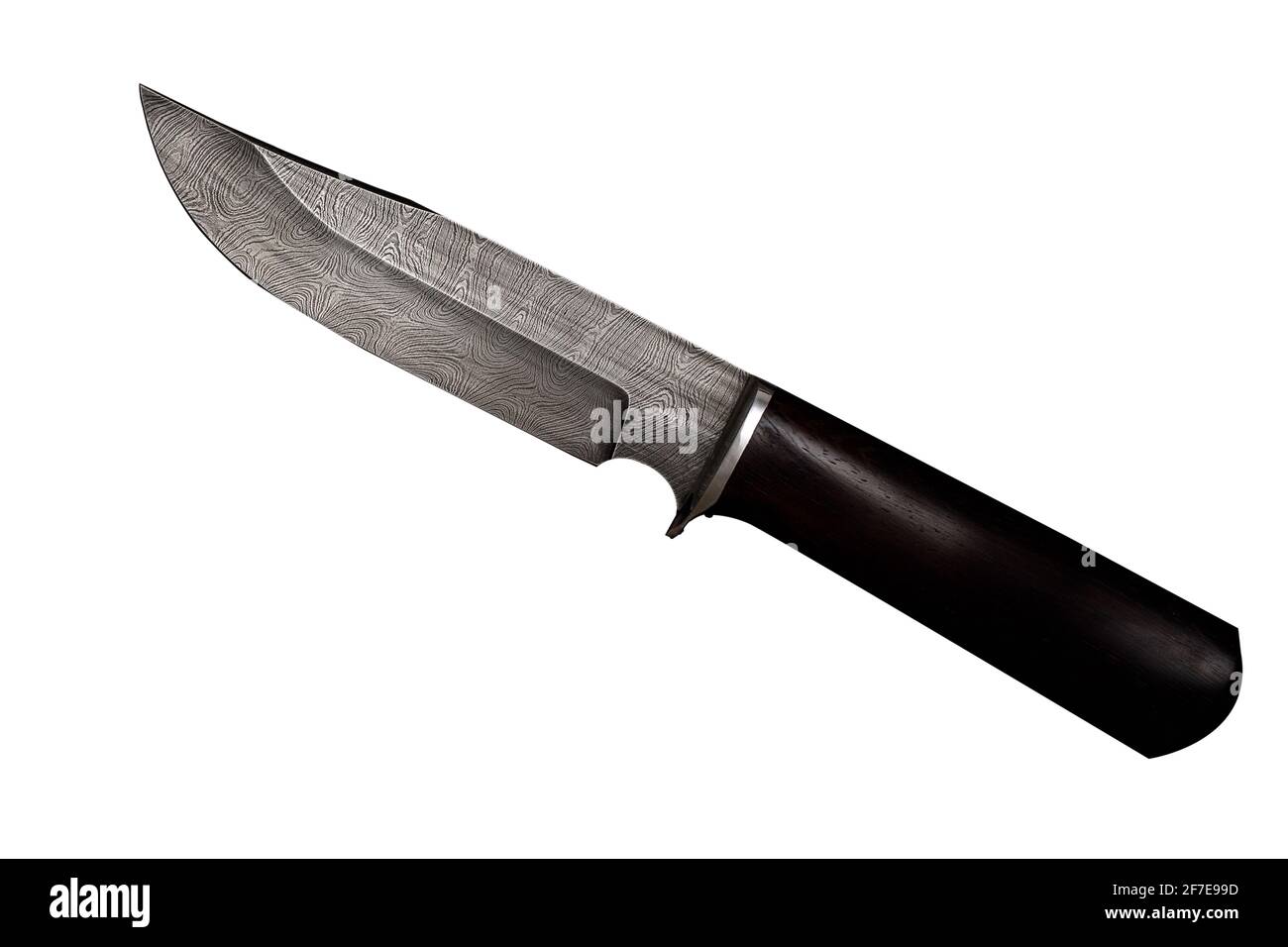Knife made of Damascus steel with a wooden handle on a isolated white