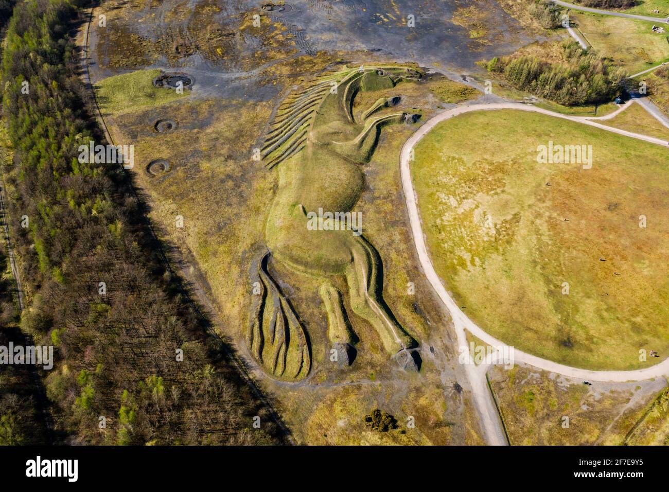 Aerial view of a public earthwork of a pit pony above a closed coal mine (Penallta, South Wales) Stock Photo