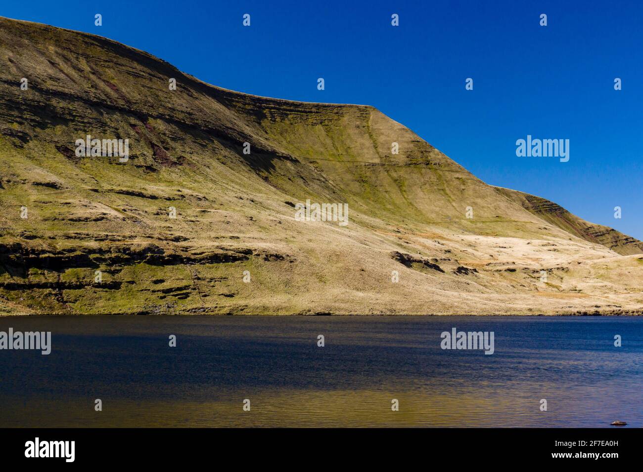 Aerial view of a beautiful glacially formed lake in a rural setting (Llyn y Fan Fawr, Brecon Beacons, Wales) Stock Photo