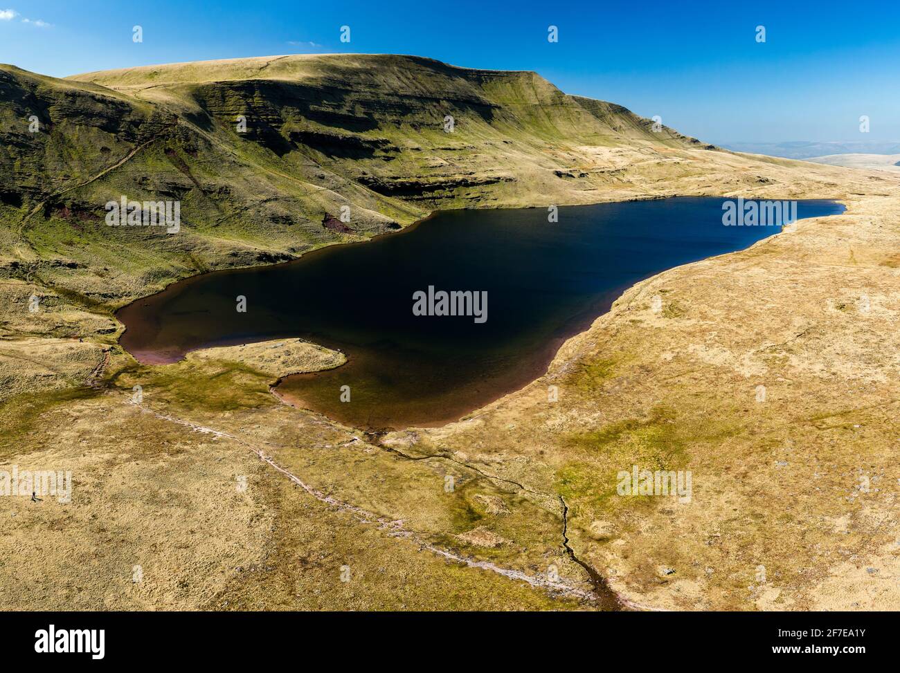 Aerial view of a beautiful glacially formed lake in a rural setting (Llyn y Fan Fawr, Brecon Beacons, Wales) Stock Photo