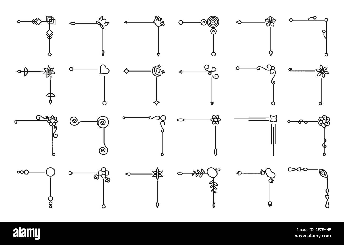 Flower and leaf vector line corners, dividers on isolated white ...