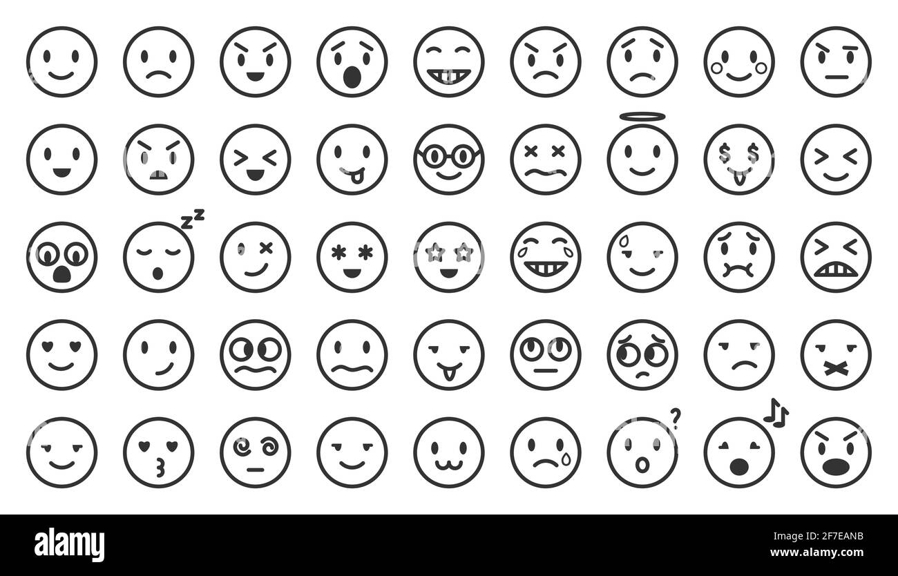 Cartoon black line emoji set. Vector flat emoticon collection isolated
