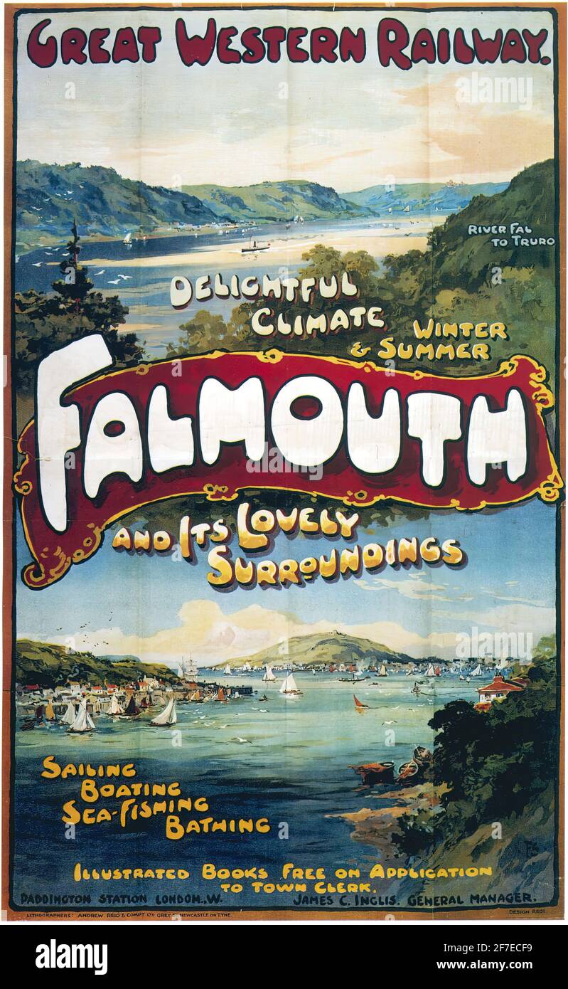 A vintage British travel poster for Falmouth in Cornwall by the Great Western Railway Stock Photo
