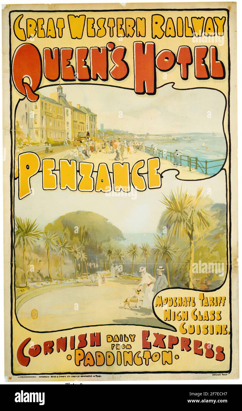 A vintage travel poster for the Great Western Railway and the Queen's Hotel in Penzance in Cornwall on the Cornsih Express Stock Photo