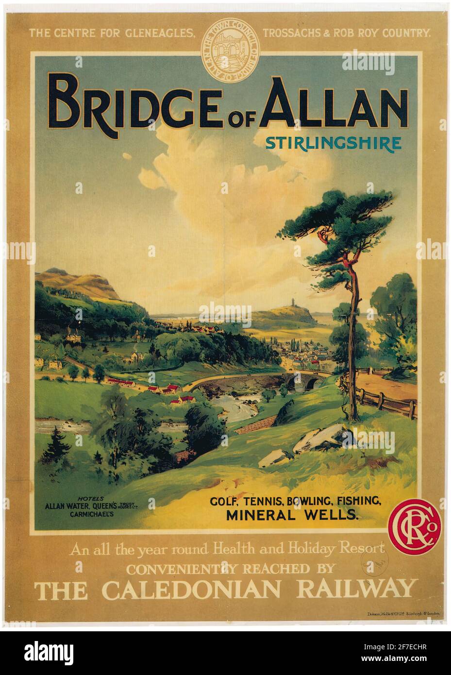 A vintage travel poster for the Bridge of Allan in Stirlingshire in Scotland on the Caledonian Railway Stock Photo