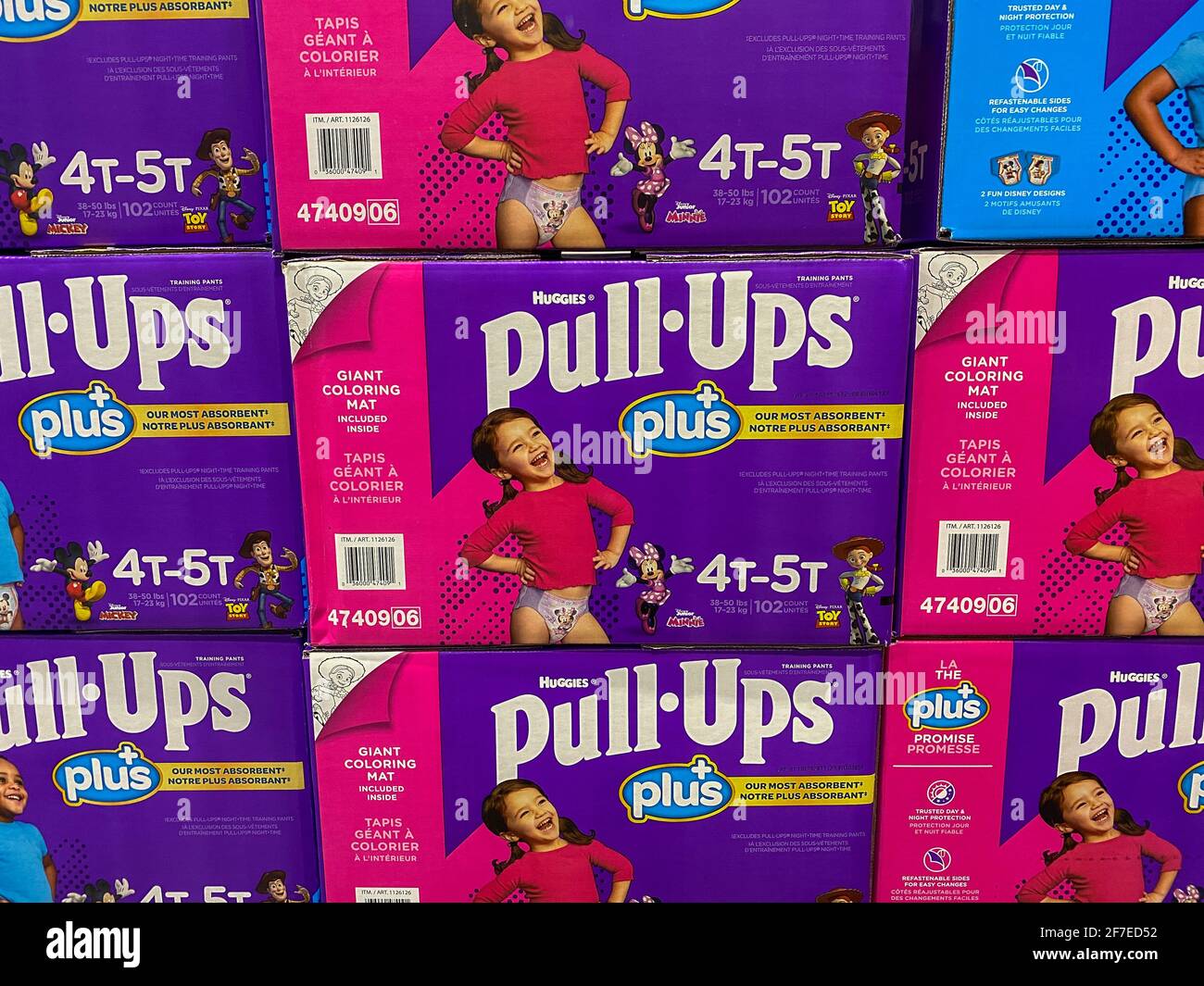 Boxes of Huggies Pull Up diapers on a store shelf Stock Photo