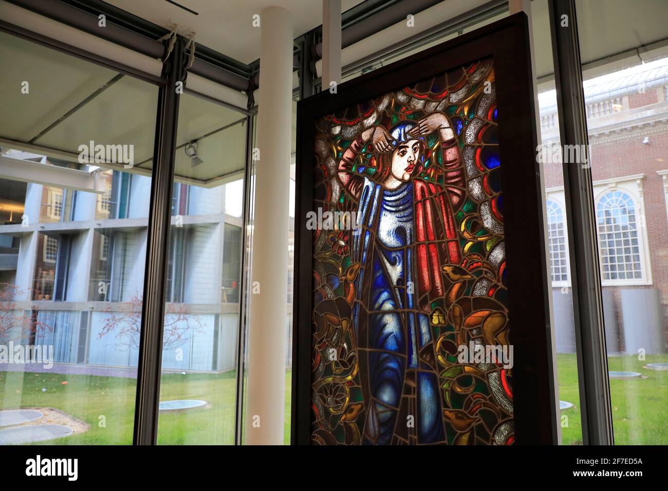 Leaded stained glass piece of Woman with Animals, 1912 by Max Pechstein in Busch-Reisinger Museum.Harvard University.Cambridge.Massachusetts.USA Stock Photo