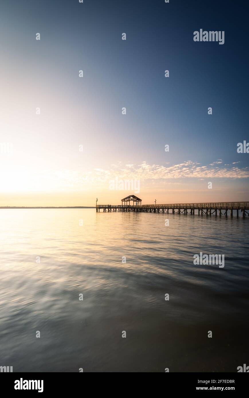 A golden dawn at Leesylvania State Park featuring the popular fishing pier on the Potomac River. Stock Photo