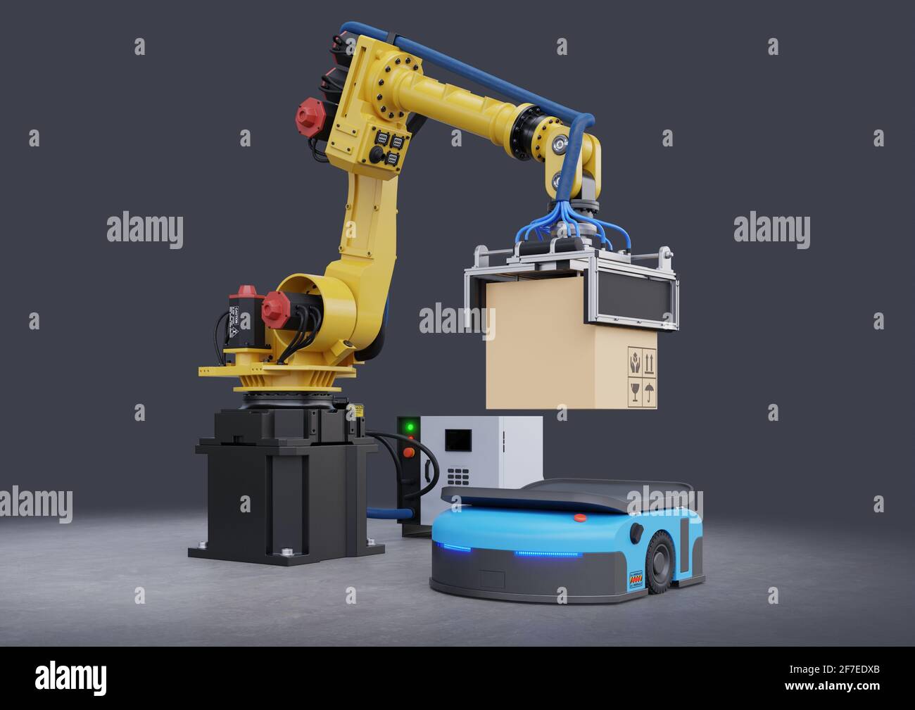 Robot arm concept picks up the box to automated guided vehicle (AGV),3d Stock Photo - Alamy