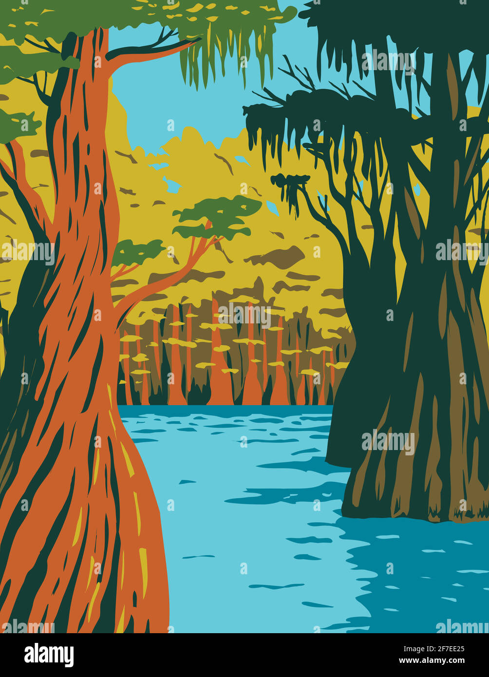 WPA poster art of bald cypress growing in the swamp of Owl Creek in Apalachicola National Forest located in the Florida Panhandle in works project adm Stock Vector