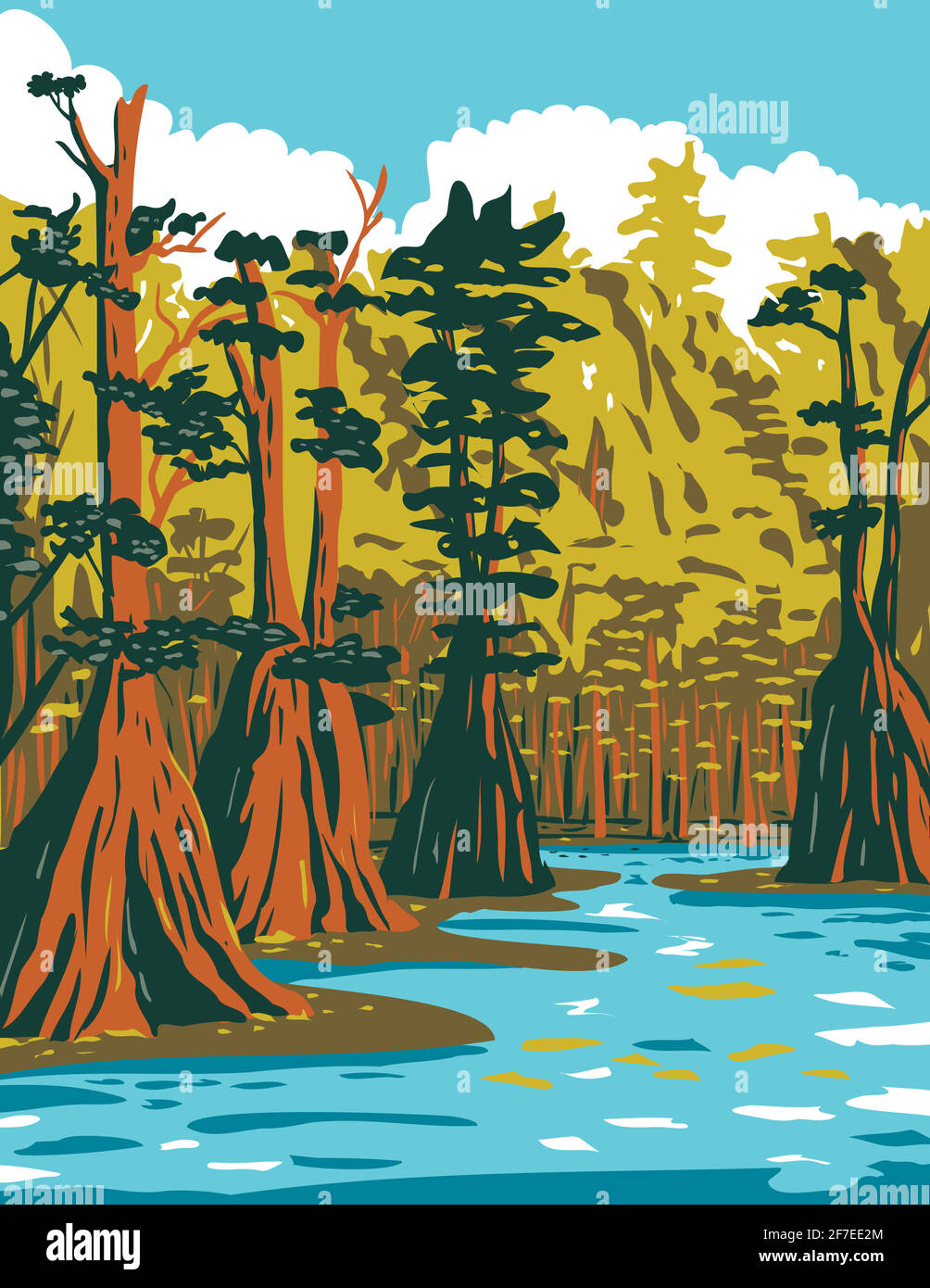 WPA poster art of baldcypress tree growing in the southern swamp of Apalachicola National Forest located in the Florida Panhandle in works project adm Stock Vector
