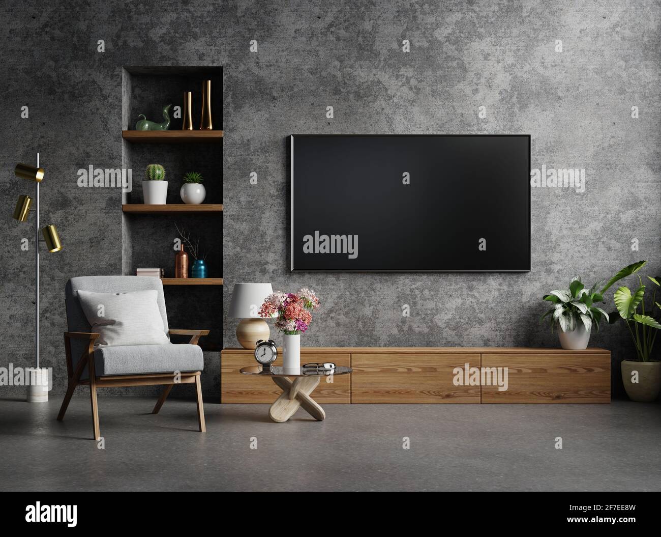 Cabinet TV in modern living room with armchair,lamp,table,flower and plant  on concrete wall background,3d rendering Stock Photo - Alamy
