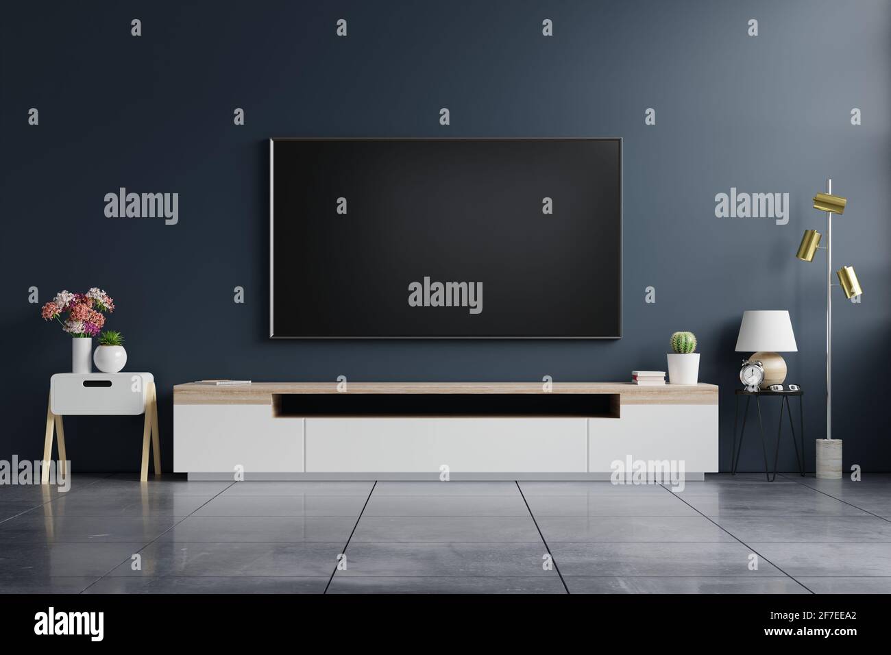 Mockup tv on cabinet in modern empty room with behind the dark blue ...