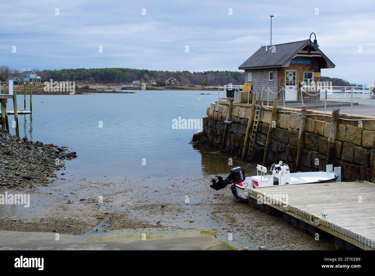 Harbor Master office at Frisbee Wharf, Pepperell Cove, Kittery Point Maine. Views of NH water to