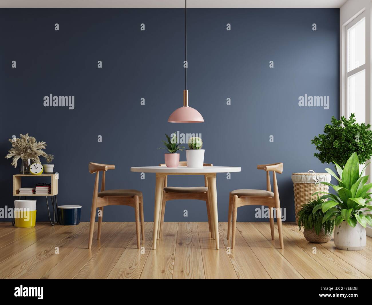 Modern dining room interior design with dark blue wall.3d rendering ...