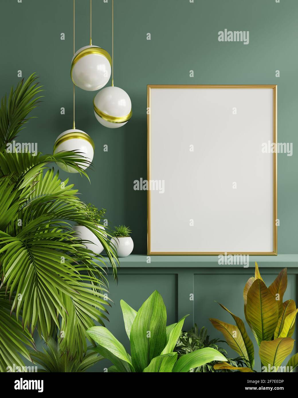 Mockup photo frame on the green shelf with beautiful plants,3d