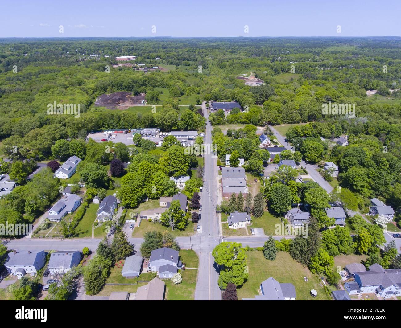 Aerial view of Medway historic town center and Village Street in summer