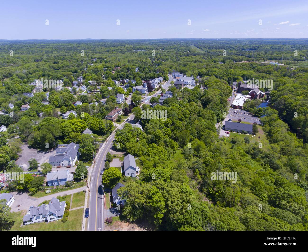 Aerial view of Medway historic town center and Village Street in summer