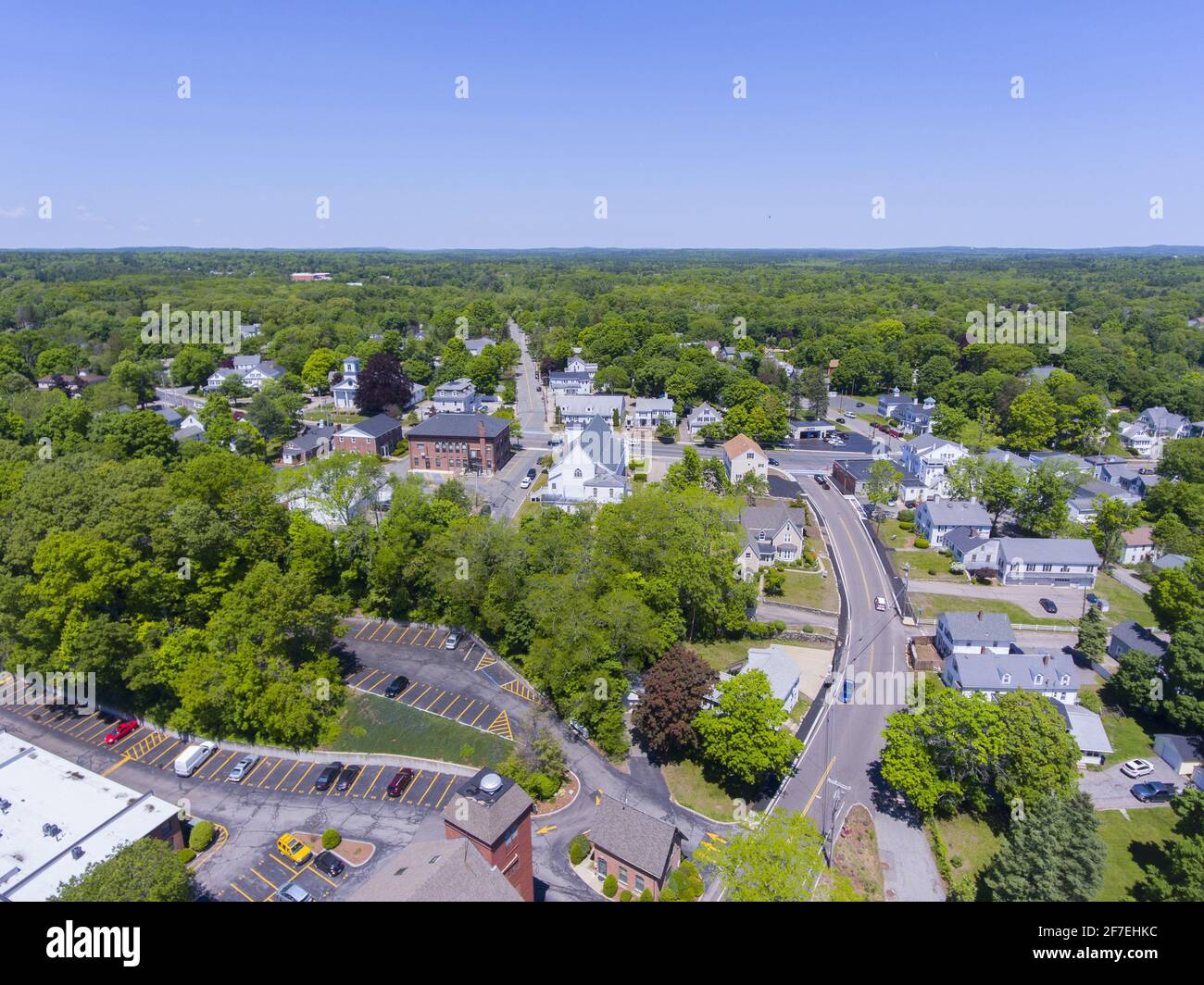 Aerial view of Medway historic town center and Village Street in summer