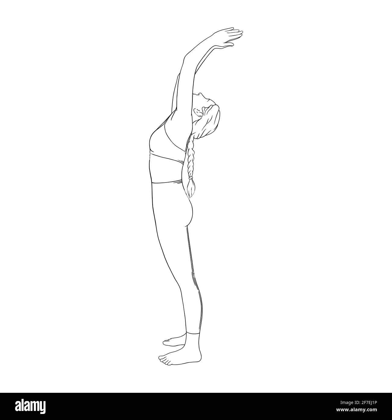 Sun salutating yogi woman. Hatha yoga back bend pose. Engraved vector illustration in white background Stock Vector
