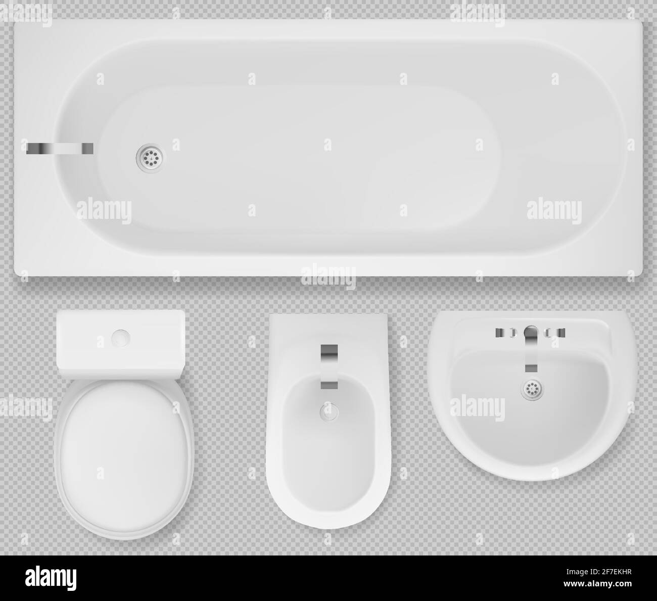 White toilet bowl, bath tub, sink and bidet top view. Bathroom interior