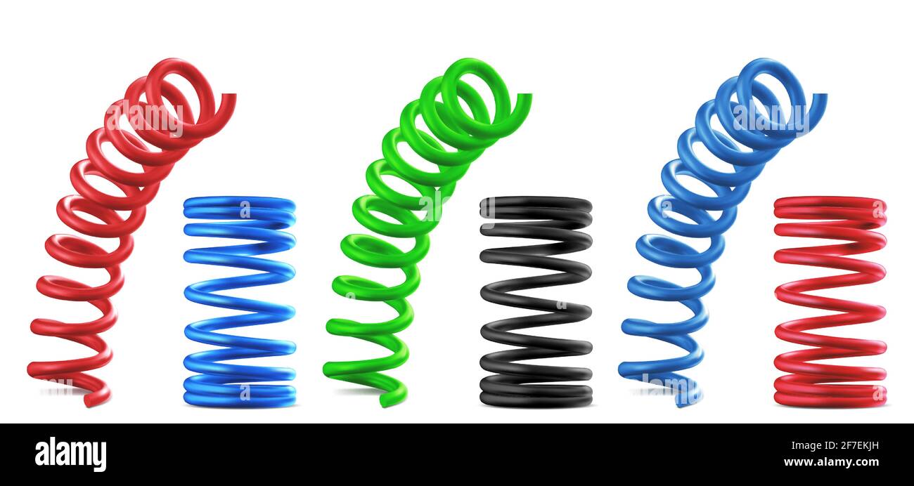 Metal springs, realistic colorful coils isolated set. Flexible spiral parts, bouncing and compressed red, blue, green and black industrial or mechanic garage objects, 3d vector illustration, clip art Stock Vector