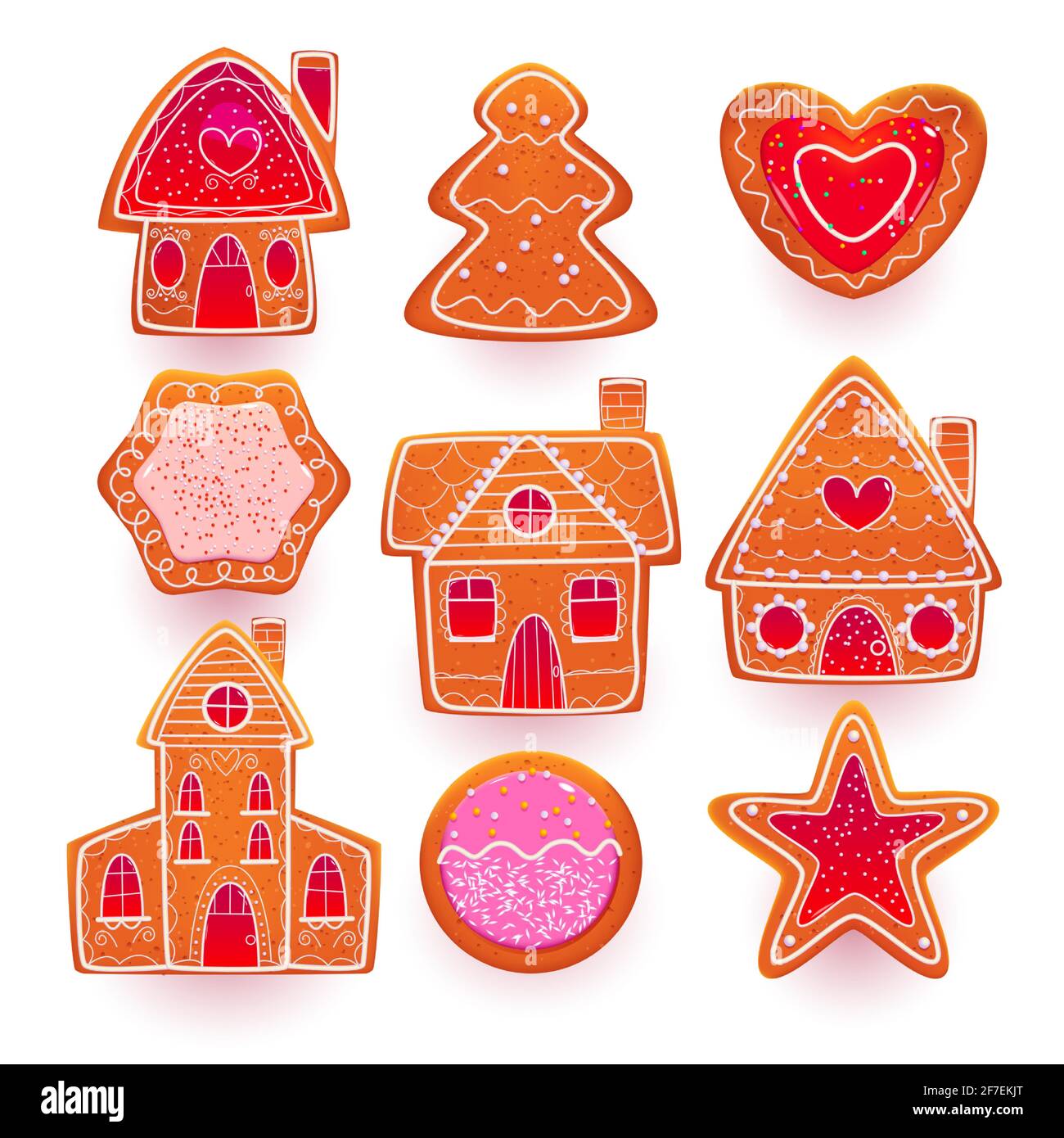 Gingerbread cookies for Christmas in shape of house, tree, heart and star.  Vector cartoon set of ginger bread biscuits with sugar icing. Traditional  Xmas pastry isolated on white background Stock Vector Image