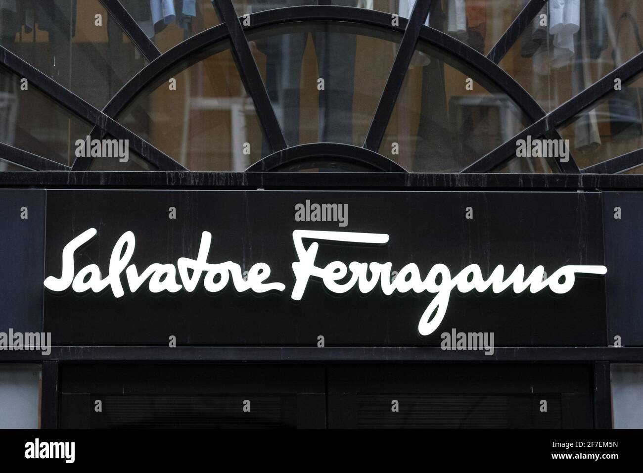 Kiev, Ukraine. 06th Apr, 2021. Salvatore Ferragamo logo seen over the entrance to a brand store in Kiev. Credit: SOPA Images Limited/Alamy Live News Stock Photo