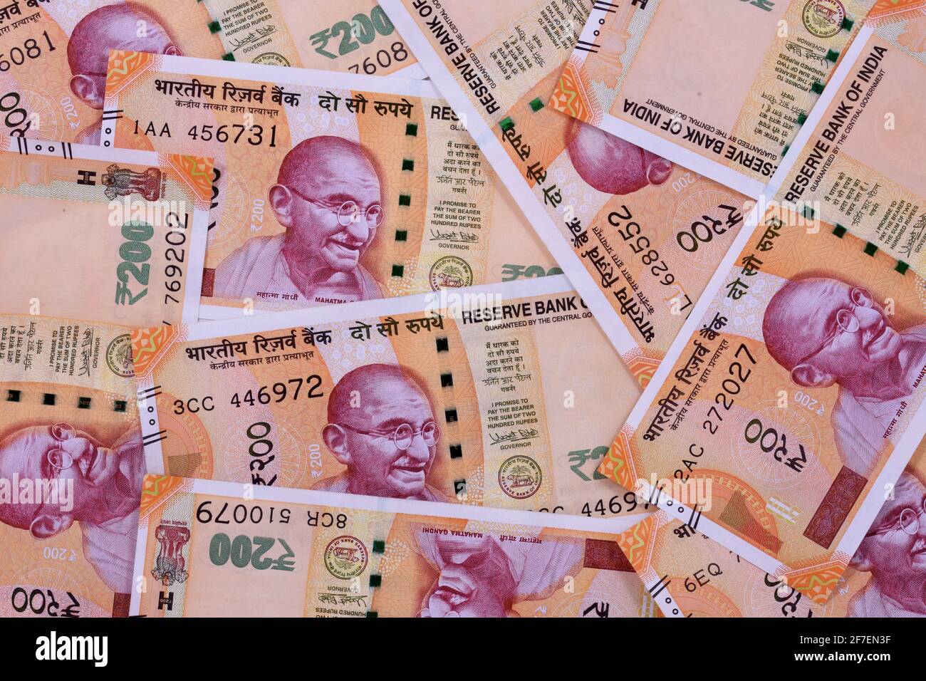 New Indian currency of 200 rupee notes background Stock Photo