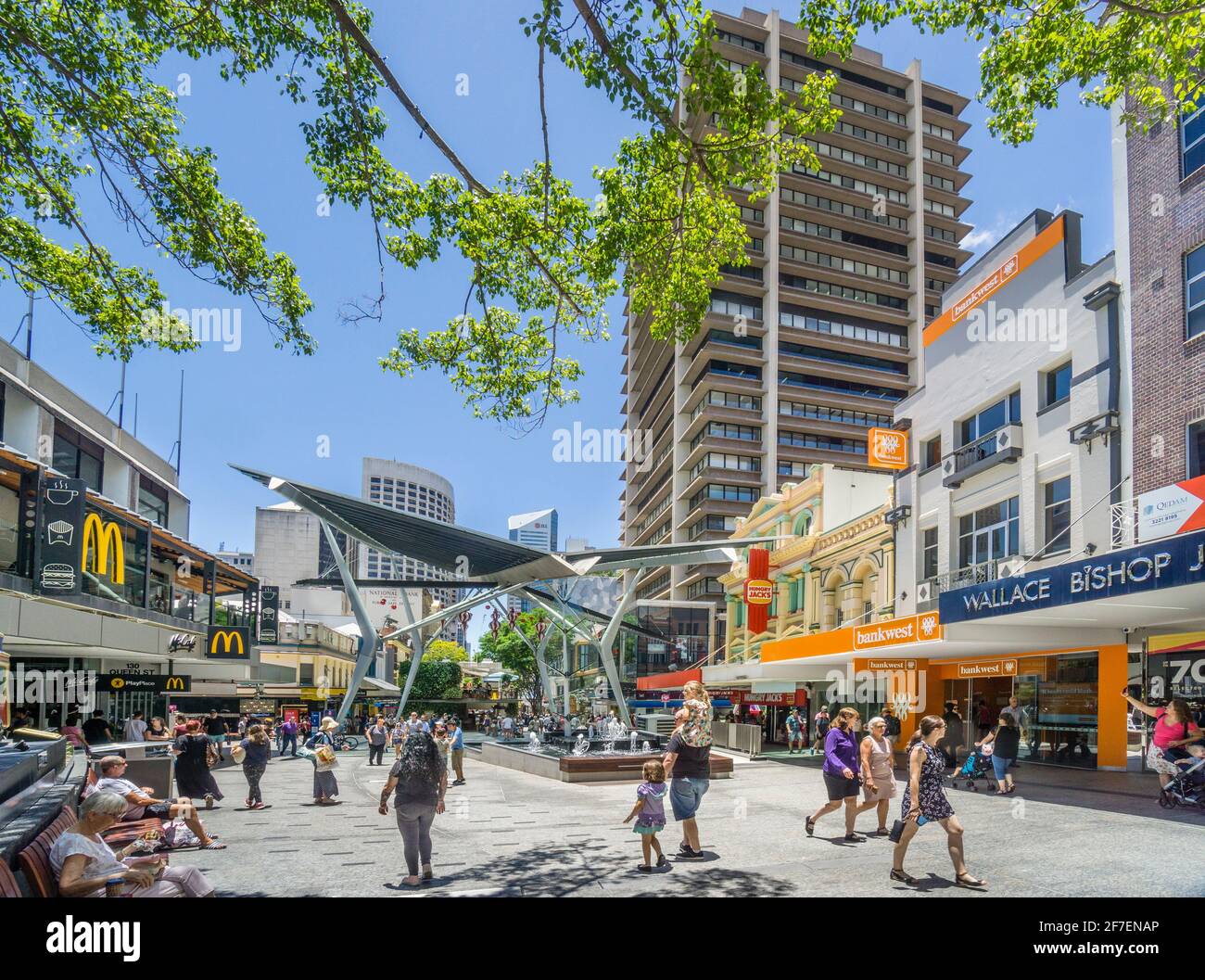 Queen Street Mall, popular pedestrian shopping mall in the centre of Brisbane, Queensland, Australia Stock Photo