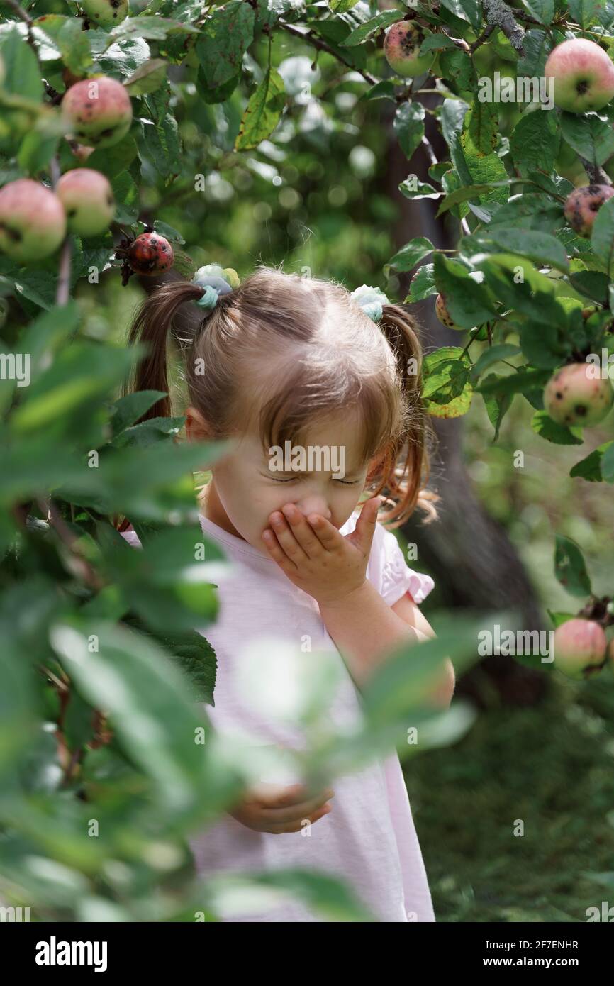 caucasian child girl sneezes among the branches of an apple tree with